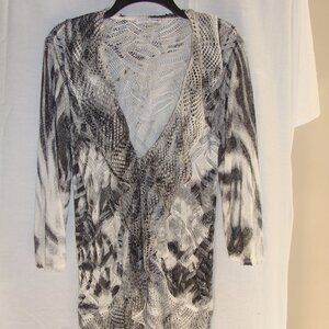 White & Charcoal Gray 3/4 Sleeve Open Knit LINEN Blend CARDIGAN Sz LARGE